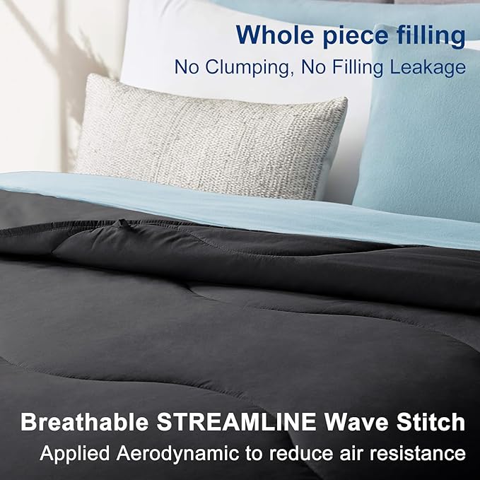 MEELUS Lightweight Comforter Cooling Black, All Season Duvet Insert Breathable Queen Size Summer Bedding, Soft Microfiber Cool Down Alternative Quilt with Corner Tabs, 88x88 inch
