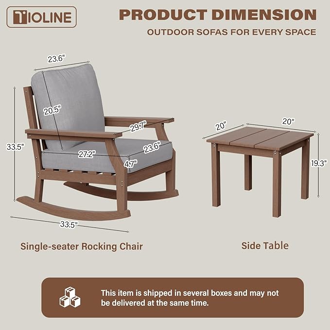 HDPE Patio Conversation Set, 3-Piece All Weather Outdoor Furniture Set with 2 Rocking Sofas for Deck, Lawn, with Cushion, Brown