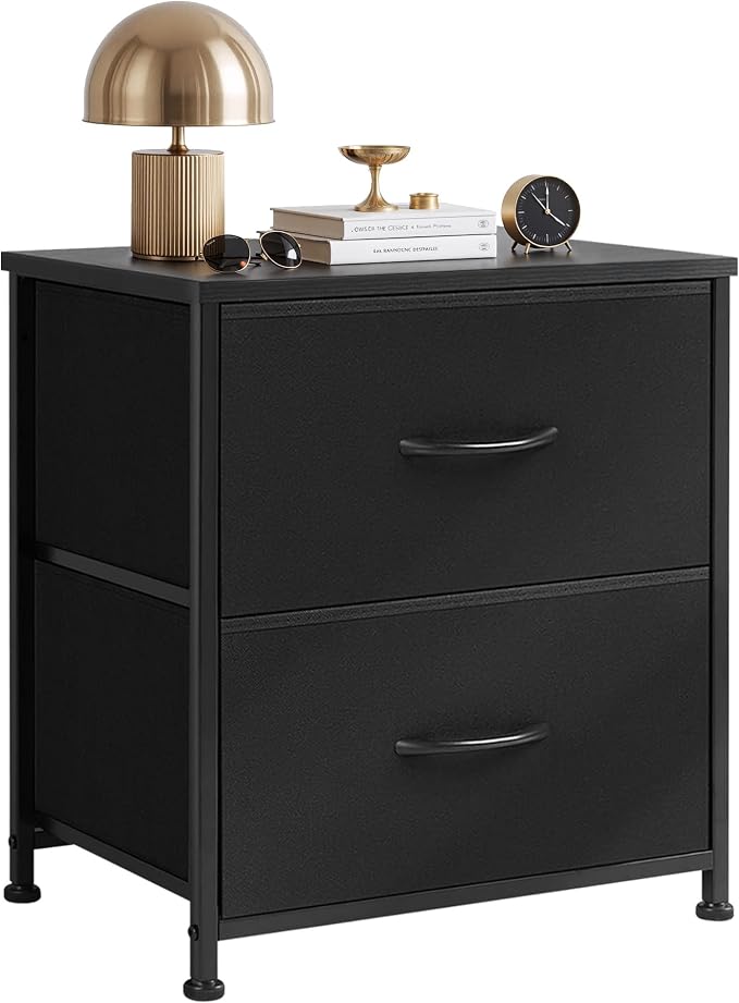 Nightstand Upgraded, Small 2 Drawer Dresser End Table Bedside Furniture, Wooden Top Fabric Bins for Bedroom, Closet, Entryway, Dorm, 11.8" D x 18" W x 20", Charcoal Black by SageNest