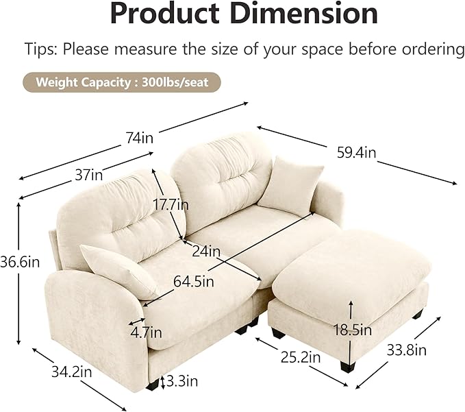 KEIKI 74" L-Shaped Oversized Chenille Modular Sectional Loveseat Sofa with 1 Ottoman, High-Density Foam Cushions, Tufted Pleated Cushion Backrest, 2-Seater Couch with 2 Pillow, for Living Room, Beige