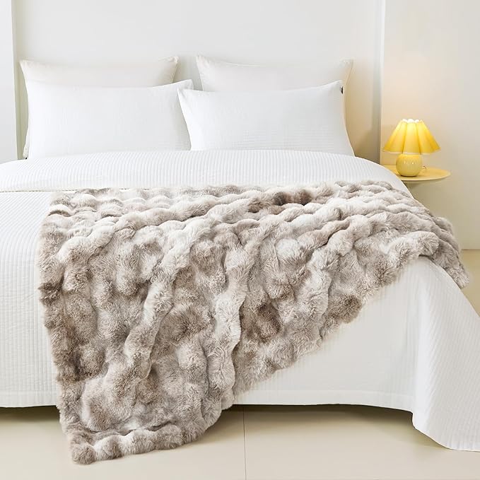 Faux Rabbit Fur Throw Blanket for Couch, Fluffy Warm Plush Thick Bubble Blanket for Bed Sofa Living Room, Soft Cozy Furry Blanket, 50x60 inches, Tie-dye Khaki