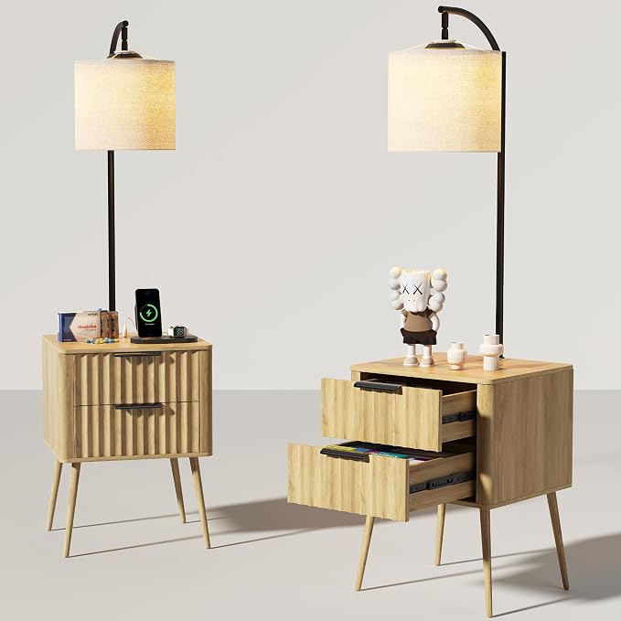 HNEBC Fluted nightstand Set 2 with - with 3-Color Lights and Lampshades,Modern Night Stand with Charging Station,LED Bedside Table with 2 Drawers,Tall Side Table for Bedroom,Natural by HNEBC
