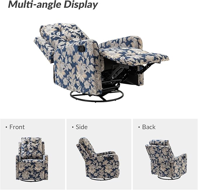 HULALA Home Recliner Chair Modern Printed Fabric for Living Room, Wingback Rocker Recliner Sofa Comfy Armchair 360 Degree Swivel, Nursery Rocking Chairs with Adjustable Backrest & Footrest/Navy