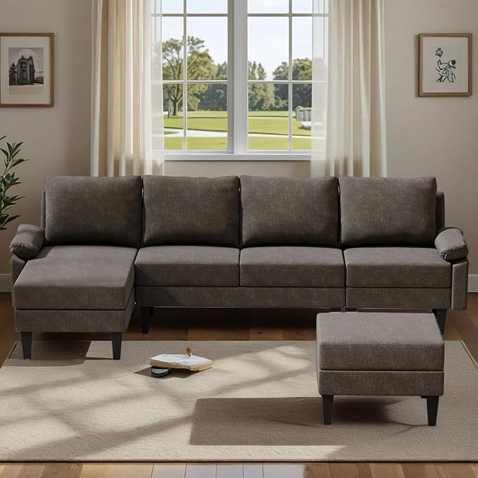 4-Seat U-Shaped Modular Sofa with Double Storage Ottoman - Space-Saving Convertible Lounge Couch for Home & Office, Brown Grey