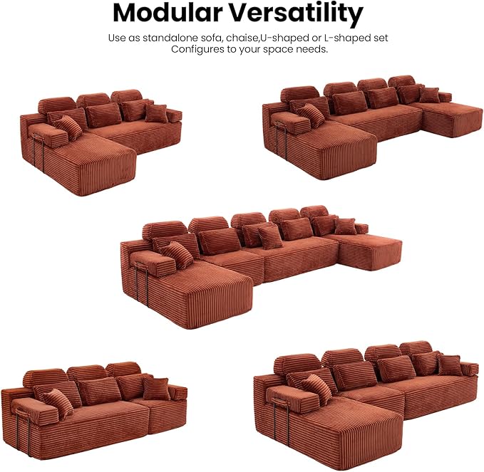 171" U-Shaped Cloud Modular Sectional Sofa with Chaise & Headrest, Boneless Deep Seat Plush Corduroy Couches for Large Living Room, No Assembly Required (Orange, 171" U-shapred Chaise)
