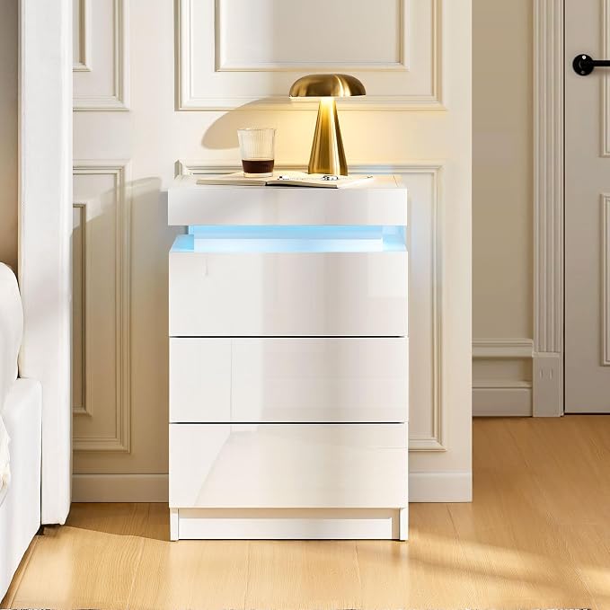 CLIPOP Modern Nightstand, LED Night Stand with 3 High Gloss Chest of Drawers, Bedside Table Cabinet with Remote Control Lights, Wood Matte Nightstand 21.6" Tall Bedroom Furniture, White - Image 7