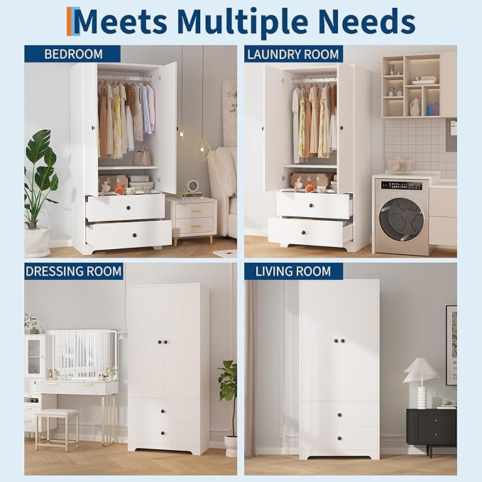 TROPOW Wood Armoire Wardrobe Closet, 71" Wood Clothing Storage Cabinets with 2 Doors, 1 Adjustable Shelf and 2 Drawers, Wardrobe Cabinet with Hanging Rod for Bedroom, Gym, Cloak Room, White