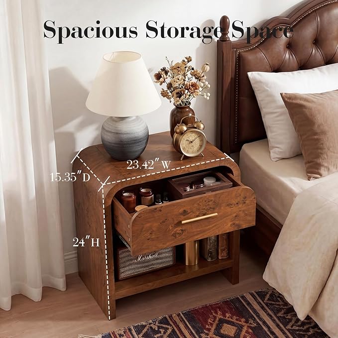 Night Stand Set of 2 [Unique Curved Profile] [FSC-Certified Wooden Board] 1-Drawer and 1 Storage Shelf Nightstand 24" H Metal Handle Modern Bedside Table Side Table End Table - Image 2