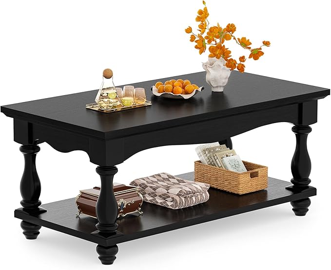 Farmhouse Coffee Table with Storage, Mid Century Coffee Tables for Living Room, 47 inch Modern 2-Tier Black Coffee Table with Solid Wood Legs, Vintage Living Room Tables