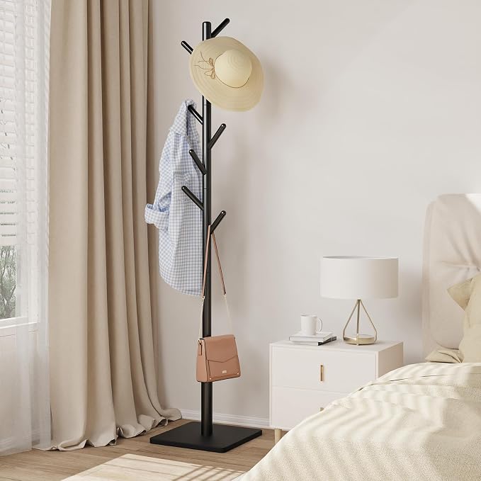 Coat Rack Freestanding with Stable Square Base for Cloathes, Hat, Used in Bedroom, Office and Entryway, Sturdy and Easy Assembly Coat Tree with 3 Adjustable Sizes and 8 Hooks, Black - Image 4