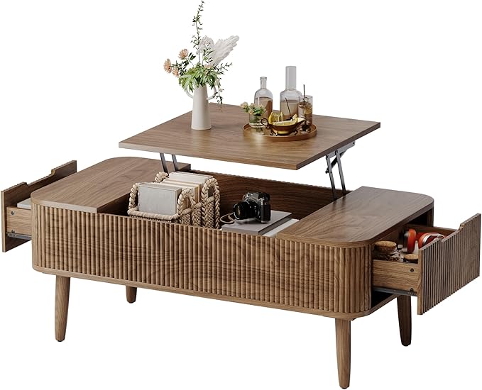 47.2” Modern Coffee Table Wooden Fluted Lift Top Coffee Table with Hidden Compartment, Mid Century Modern Rectangle Center Tables with Lifting Tabletop & 2 Storage Drawers for Home Living Room Walnut