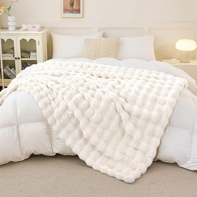 Faux Rabbit Fur Throw Blanket for Couch, Fluffy Warm Plush Thick Bubble Blanket for Bed Sofa Living Room, Soft Cozy Furry Blanket, 60x80 inches, Cream White