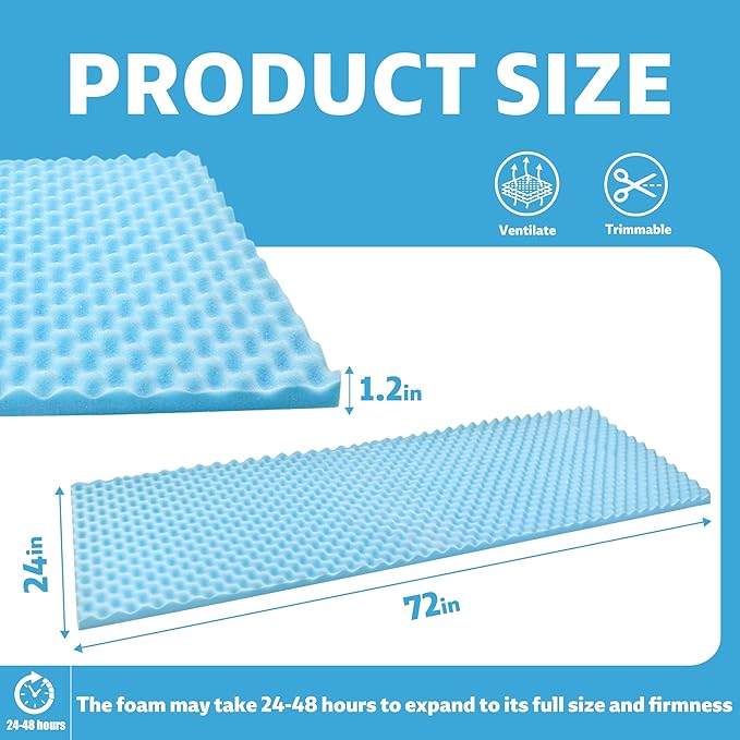 72 * 24 * 1.2inch Egg Crate Foam Pad Cuttable Egg Carton Foam Padding for Support, Air Circulation, Pressure Relief Weight Distribution,Blue