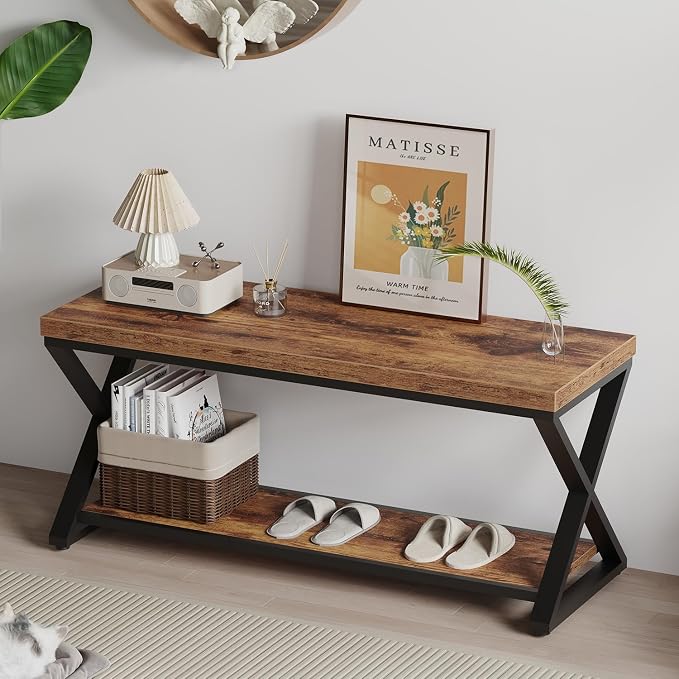 IBF Wooden Bench Indoor, Wood Entry Way Bench with Shoe Storage Rack for Entryway, Industrial Entryway Bench Seat for Foyer Bedroom Living Room Entrance Organization, Rustic Brown Oak, 39 Inch Long by IBF