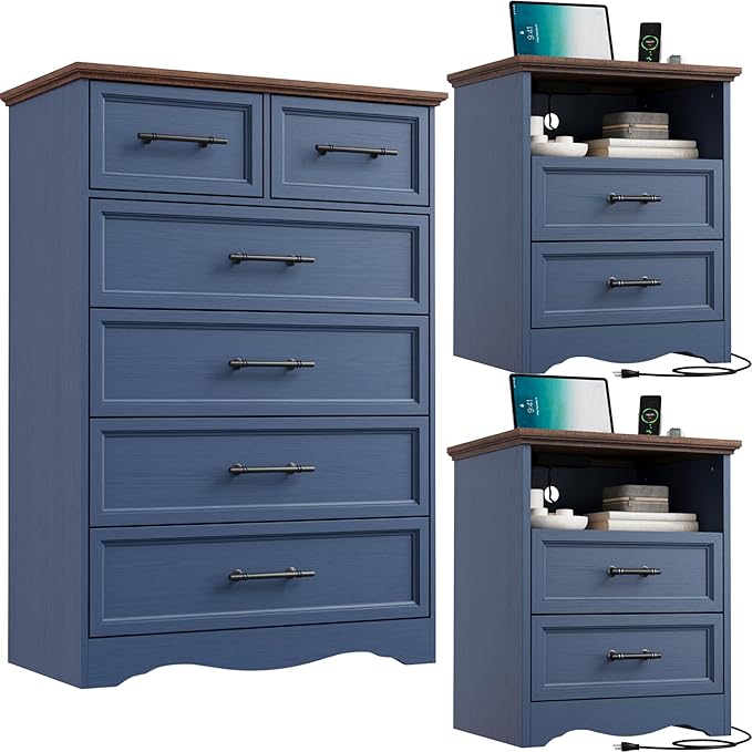 Bedroom Set, 3 Pieces Bedroom Furniture Set, Wood 6 Drawer Dresser and Nightstands with Charging Station, Farmhouse Storage Organizer Cabinet for Bedroom, Blue
