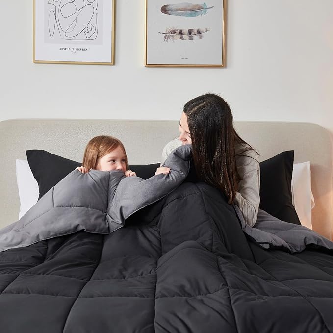 Nestl 3 Piece Quilted Down Alternative Comforter Queen Size With 2 Pillow Shams - All Season Black/Grey Duvet Insert With Corner Tabs
