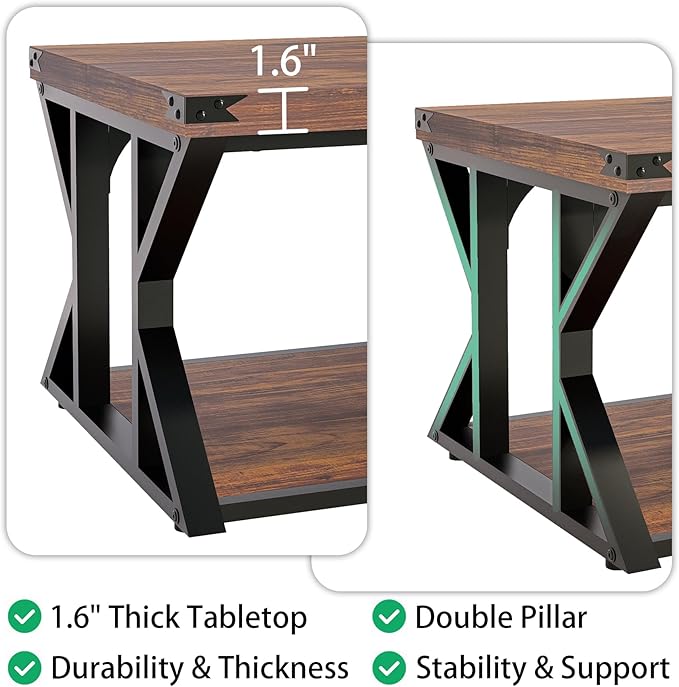 Modern Industrial Coffee Table for Living Room 43" Rectangle Accent Center Table with Storage Shelf & Metal Frame, Heavy Duty 2-Tier Cocktail Table Rustic Brown