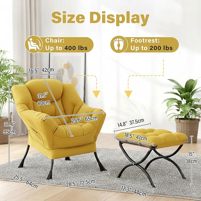 Lazy Chair with Ottoman, Large Accent Yellow Velvet Chair with Side Pocket, Modern Leisure Upholstered Sofa Reading Armchair with Footrest for Office, Bedroom, Living Room, Dorm Rooms, Balcony
