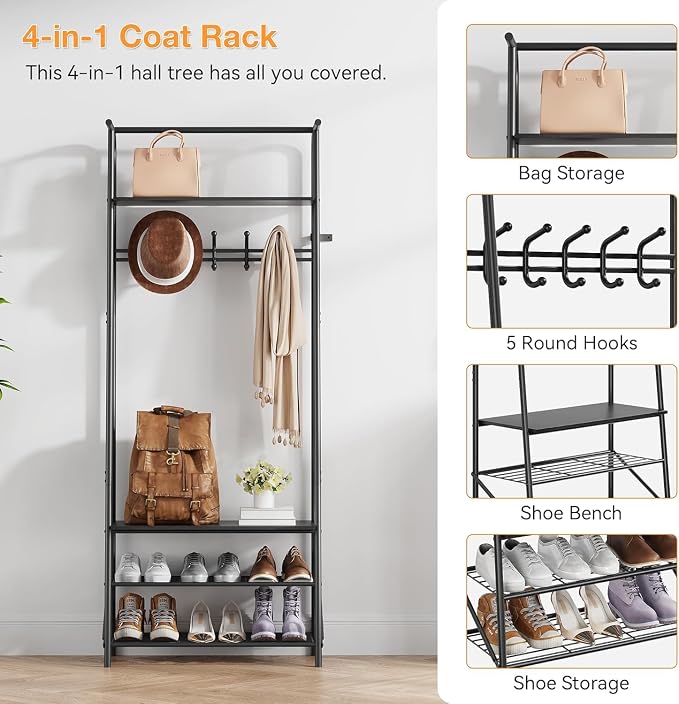 IDEALHOUSE Coat Rack Shoe Bench with 5 Hooks, Hall Trees Entryway Bench with Storage, Wood Look Accent Furniture with Metal Frame for Entryway, Living Room, Bedroom (Deep Black) - Image 5