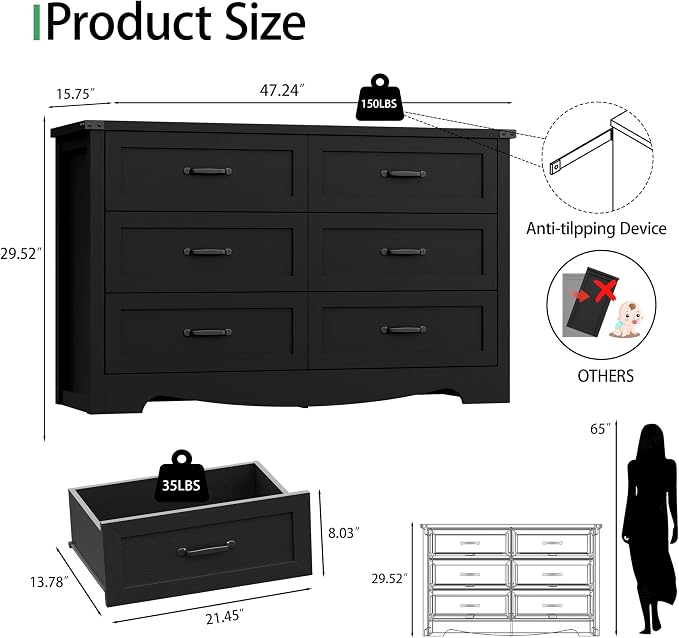 Dresser for Bedroom with 6 Drawers, 48" Wide Wood Chest of Drawers with Deep Drawers & Mental Handle, Modern Dresser TV Stand, Wooden Closet Storage Organizer for Living Room, Hallway, Entryway, Black - Image 2