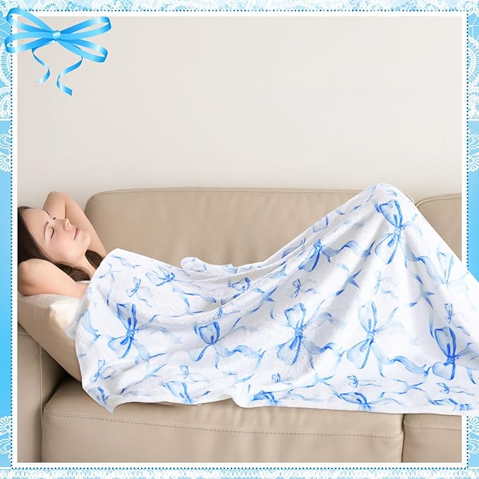 Buryeah Blue Bow Throw Blanket Valentine's Day Galentines Day Gifts Preppy Blanket Coquette 50 X60 Flannel Soft Cute Bow Lightweight Aesthetic Room Decor for Women Friends for Sofa Couch Travel Bed