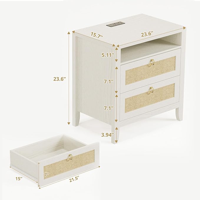 Dowinx 23.6" White Night Stand Set of 2, Large Rattan Nightstands with Charging Station 2 Drawers and Strage Shelf, Boho Night Stand Set of 2, Bed Side End Tables Dresser for Bedroom, Cream White - Image 3