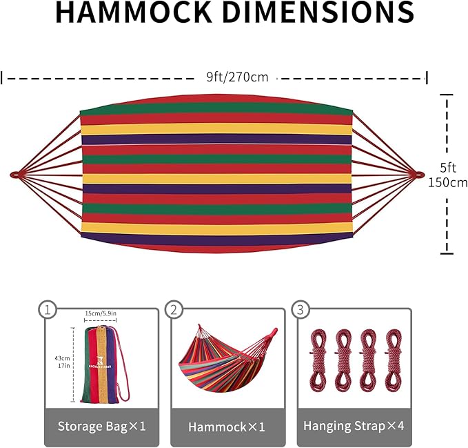 Rainbow Hammock Cotton Hammocks Comfortable Fabric Hammock with Tree Straps for Travel Patio Garden, Hanging Sturdy Hammocks Up to 660lbs Indoor/Outdoor Portable Hamacas with Travel Bag（Rainbow） - Image 5