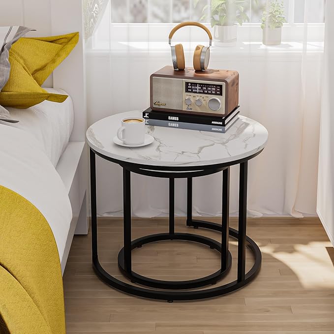 Smuxee White Nesting Coffee Table Set of 2, 23.6" Round Coffee Table Wood Grain Top with Adjustable Non-Slip Feet, Industrial End Table Side Tables for Living Room Bedroom Balcony Yard