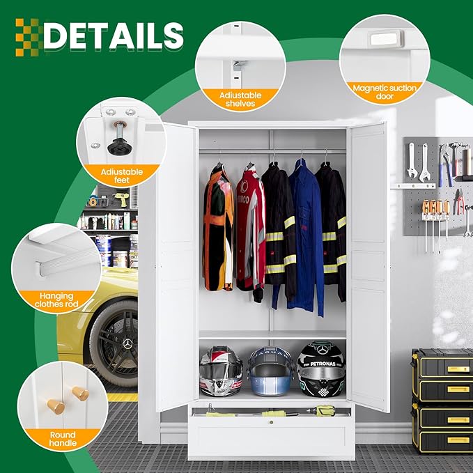Metal Wardrobe Closet Cabinet,White Armoire Wardrobe Closets Storage Cabinets with Drawer,Metal Storage Cabinet with Doors and Shelves for Laundry Room,Bedroom,Home Office,Bathroom