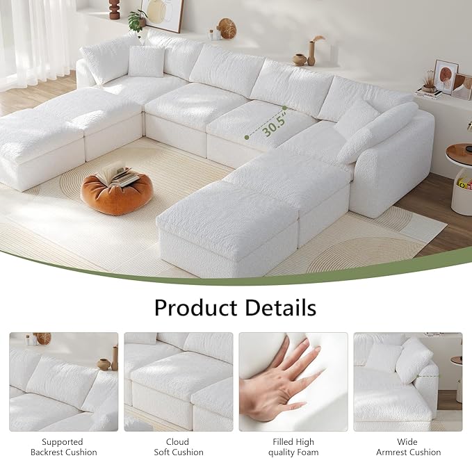 Modular Sectional Sofa Boneless Cloud Couch for Living Room, U Shape Deep Seat Recliner Sofa with Ottoman, Adjustable Backrest & 2 Throw Pillows - Covers Washable, (White, 4 Seater+4 Ottoman)