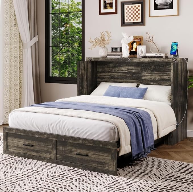 Bellemave Queen Murphy Bed, Cabinet Bed with Charging Station and 1 Large Storage Drawer, Farmhouse Murphy Cabinet with Foldable Panel, Noisy Free, for Guest Bedroom, Living Room, Rustic Gray