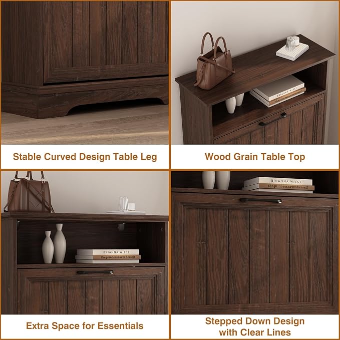 Shoe Storage Cabinet with 2 Flip Drawers, 24" W Farmhouse Modern Hidden Shoes Rack Cabinet with Adjustable Shelves & Open Storage, Narrow Slim Shoe Organizer for Front Door Entrance, Entryway, Walnut - Image 7