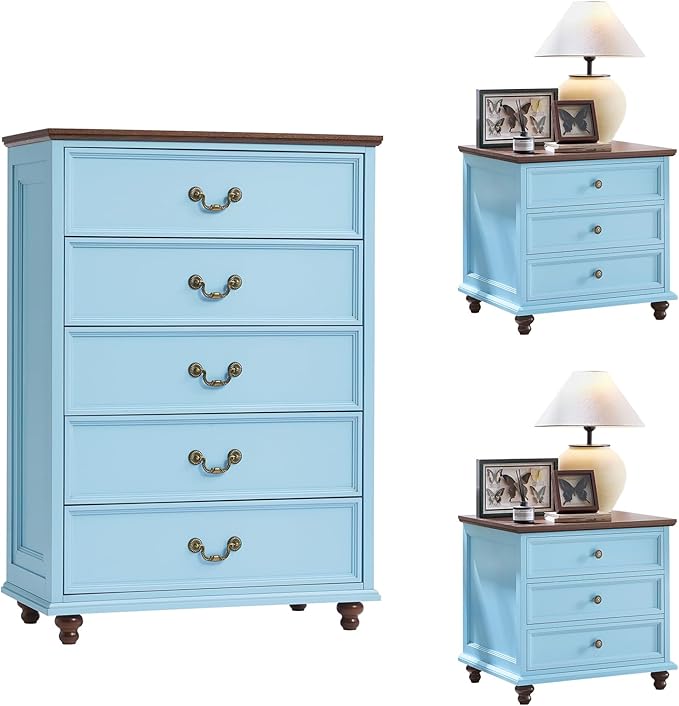 Joaxswe 24" Wide Farmhouse Nightstand Set of 2, 45" Tall Rustic Chests of 5 Drawers w/ 4 Solid Wood Feet, Farmhouse Furniture Series for Living Room,Bedroom,LightBlue
