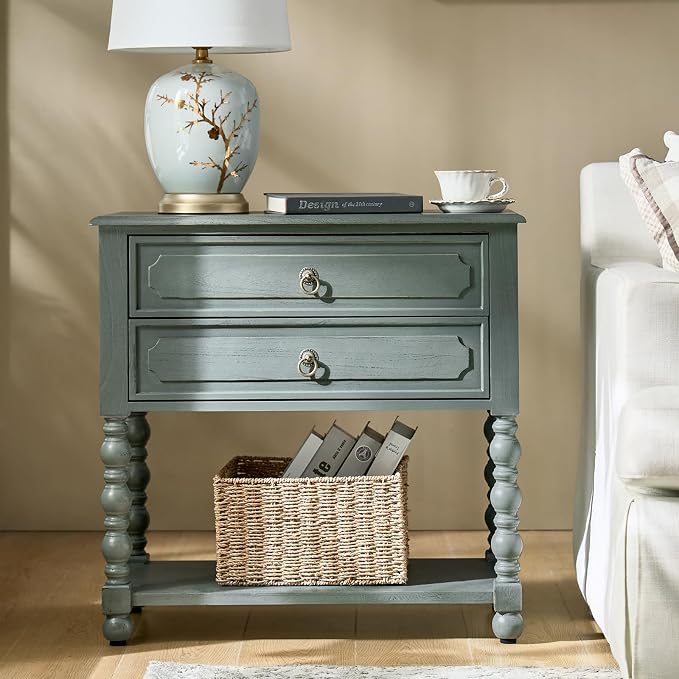 HULALA HOME Farmhouse Storage End Table with 2 Drawers and Open Shelf, Solid Wood Side Table with Spindle Legs, End Table with Charging Station (Blue) by HULALAHOME
