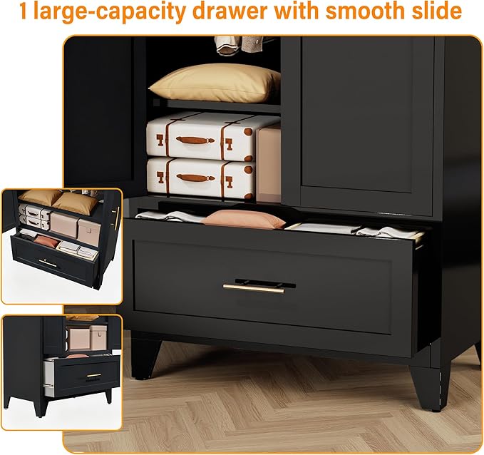 60" Metal Armoire Wardrobe Closet with 1 Drawer, Freestanding Arched 2-Door Tall Clothing Storage with Adjustable Shelves and Hanging Rod for Bedroom Dorm, Black