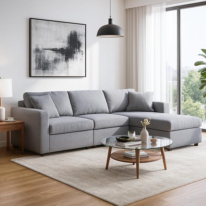 Signature Design by Ashley Modmax Casual L-Shaped Modular Stain Resistant 3-Piece Sectional with Chaise, Reversible Cushions and 2 Accent Pillows, Gray