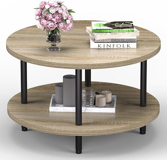 Coffee Table, 2 Tier Coffee Tables for Living Room, Round Coffee Table with Storage, Floor Table for Bedroom, Home Office, Nature Brown (23.6" D x 18.1" H)