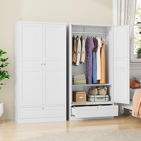 Metal Wardrobe Closet Cabinet,White Armoire Wardrobe Closets Storage Cabinets with Drawer,Metal Storage Cabinet with Doors and Shelves for Laundry Room,Bedroom,Home Office,Bathroom