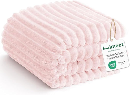 HIMEET Pink Ribbed Full Size Blanket for Bed - 300GSM Lightweight Soft Fleece Blanket for Men Women, Large Cozy Sofa Couch Cover Bed Blankets for Her Him, Striped Home Room Decor, Pink, 84x90 Inches