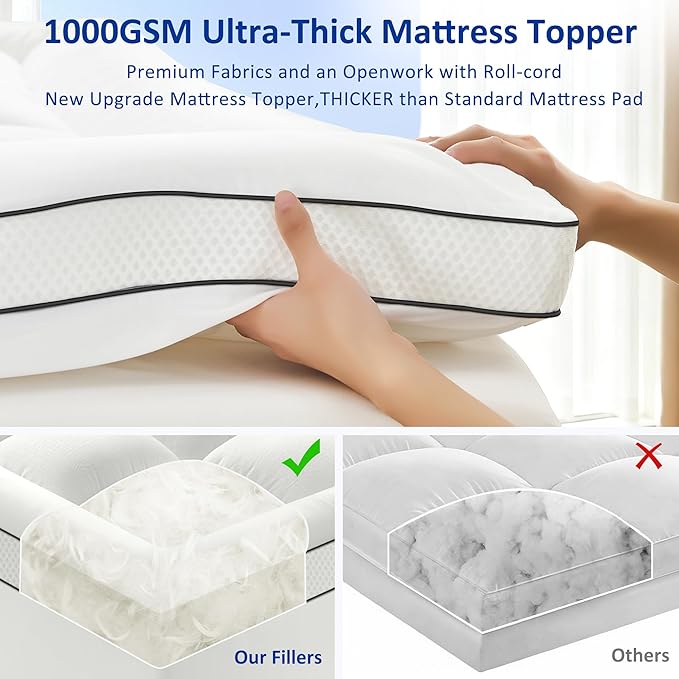 Queen Size Mattress Topper for Back Pain, Soft Extra Thick Pillow Top Mattress Pad Cover with 1000GSM Down Alternative Filler, Cooling Breathable Plush Bed Topper Protector (8-21" Deep Pocket)