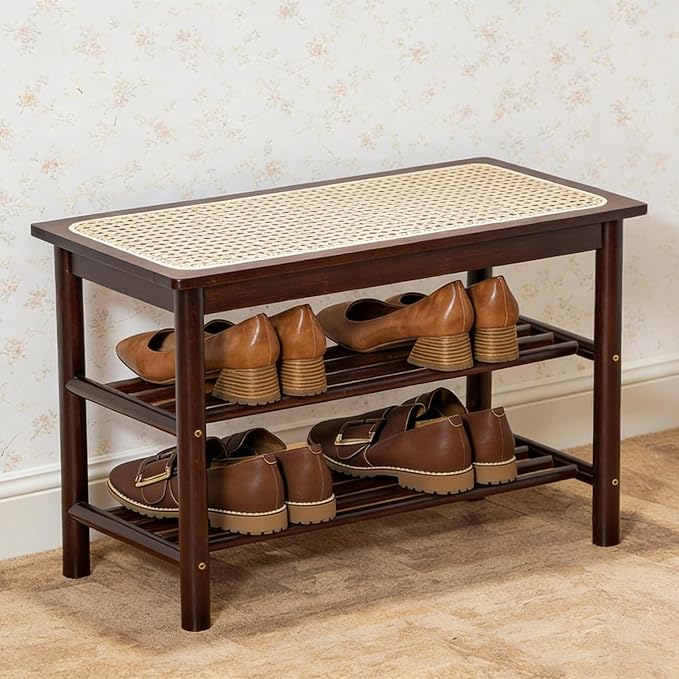 latifolia Shoe Rack Bench, 3-Tier Bamboo Shoe Bench with Breathable Rattan Seat Cushion, Shoe Storage Rack for Entryway(Walnut,23.62''L) by Latifolia