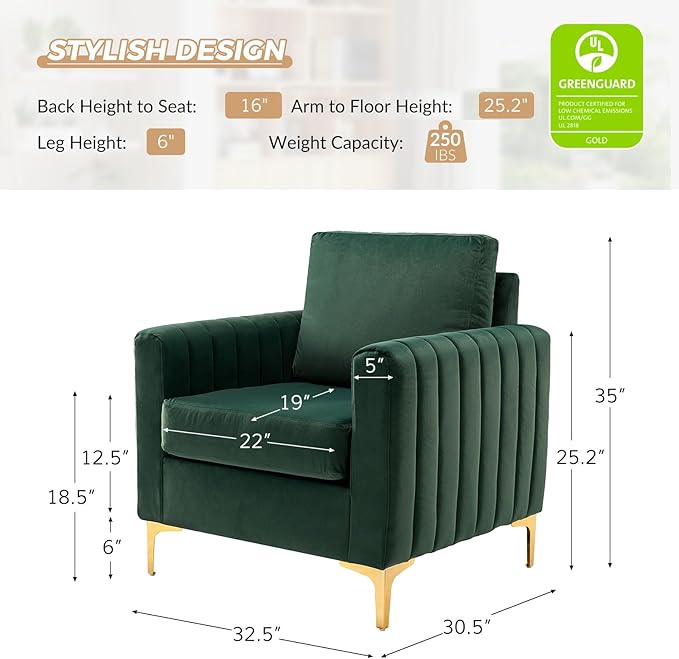 HULALA HOME Velvet Accent Club Chair, Modern Velvet Armchair Upholstered Accent Club Sofa Chair with Gold Metal Legs Mid-Century Barrel Leisure Comfy Reading Armchair, Green