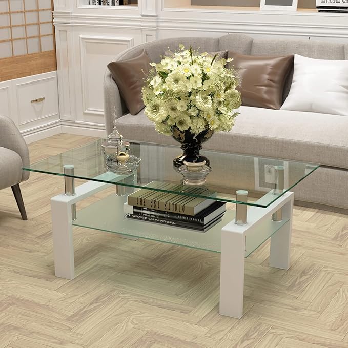 Tempered Glass Coffee Table, Modern 2 Tiers Clear Coffee Table, Size 39.37" x 23.62" (White)