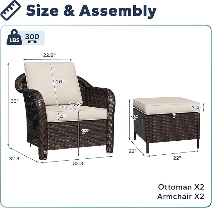 Outdoor Chairs Set with Ottomans, 4 PCS Patio Conversation Furniture Set with Removable Cushions, All-Weather Wicker Furniture for Porch, Backyard, Deck, Sunroom (Beige)
