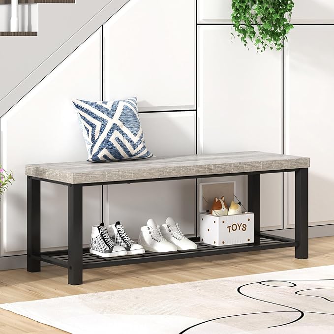 FOLUBAN Entryway Bench, Rustic Wood and Metal Shoe Storage Bench for Hallway Front Door Entrance, Industrial Indoor Bench for Bedroom Living Room, 43.3 Inch Light Grey - Image 4