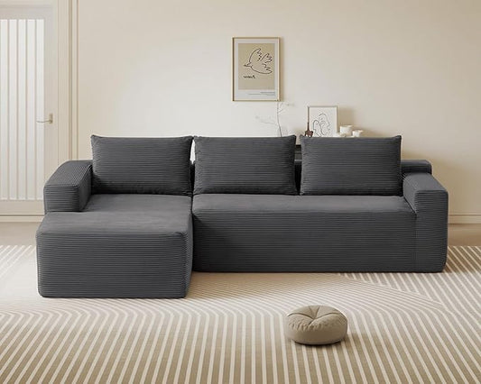 97inch Boneless L-Shaped Sectional Sofa with Throw Pillow & Side Pockets- No Assembly Compressed Modular Couch, Memory Foam, Deep Seat for Living Room, Bedroom, Apartment Grey Left