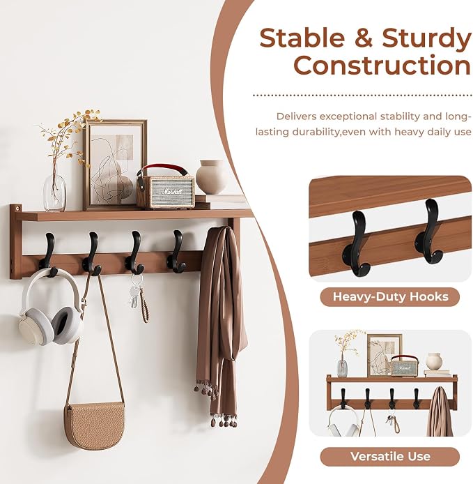27.6" Bamboo Shoe Bench with Cushion, 5 Hooks Coat Rack, 2-Tier Storage Bench for Entryway, Heavy Duty Shoe Rack Organizer with Removable Soft Cushion for Living Room Bedroom Hallway - Image 3