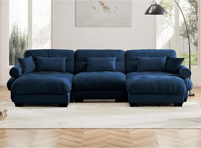 KEIKI 130" U-Shaped Oversized Velvet Modular Sectional Sofa with 2 Ottoman, High-Density Foam Cushions and Bolstered Armrests, Upholstered 3-Seater Cloud Couch with 5 Pillow, for Living Room, Blue