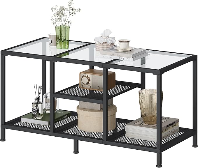 Glass Coffee Table, Coffee Tables for Living Room, Small Center Table, Modern Coffee Table with Open Storge&Metal Frame, Rectangular Coffee Tables for Small Space, Home Office, Black