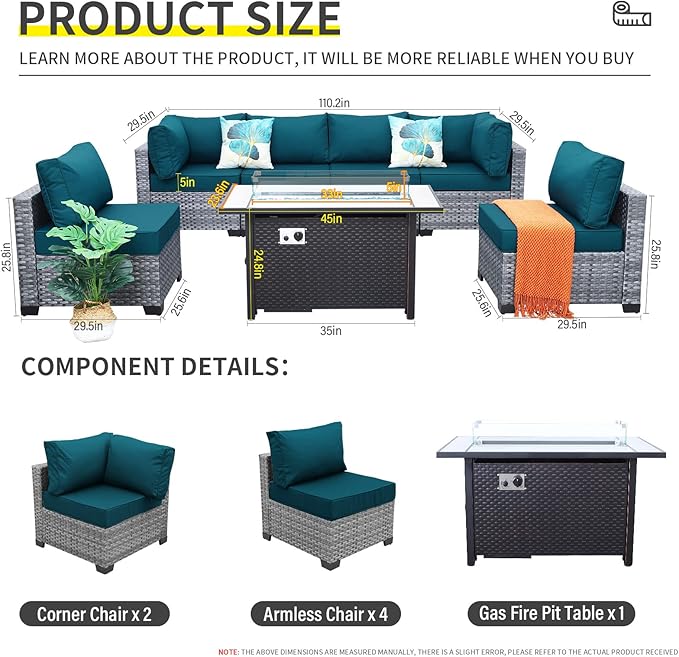 7 Pieces Wicker Patio Furniture Set Rattan Outdoor Sectional Conversation Sofa Set with Fire Pit Table Non-Slip Cushions and Furniture Cover, Peacock Blue